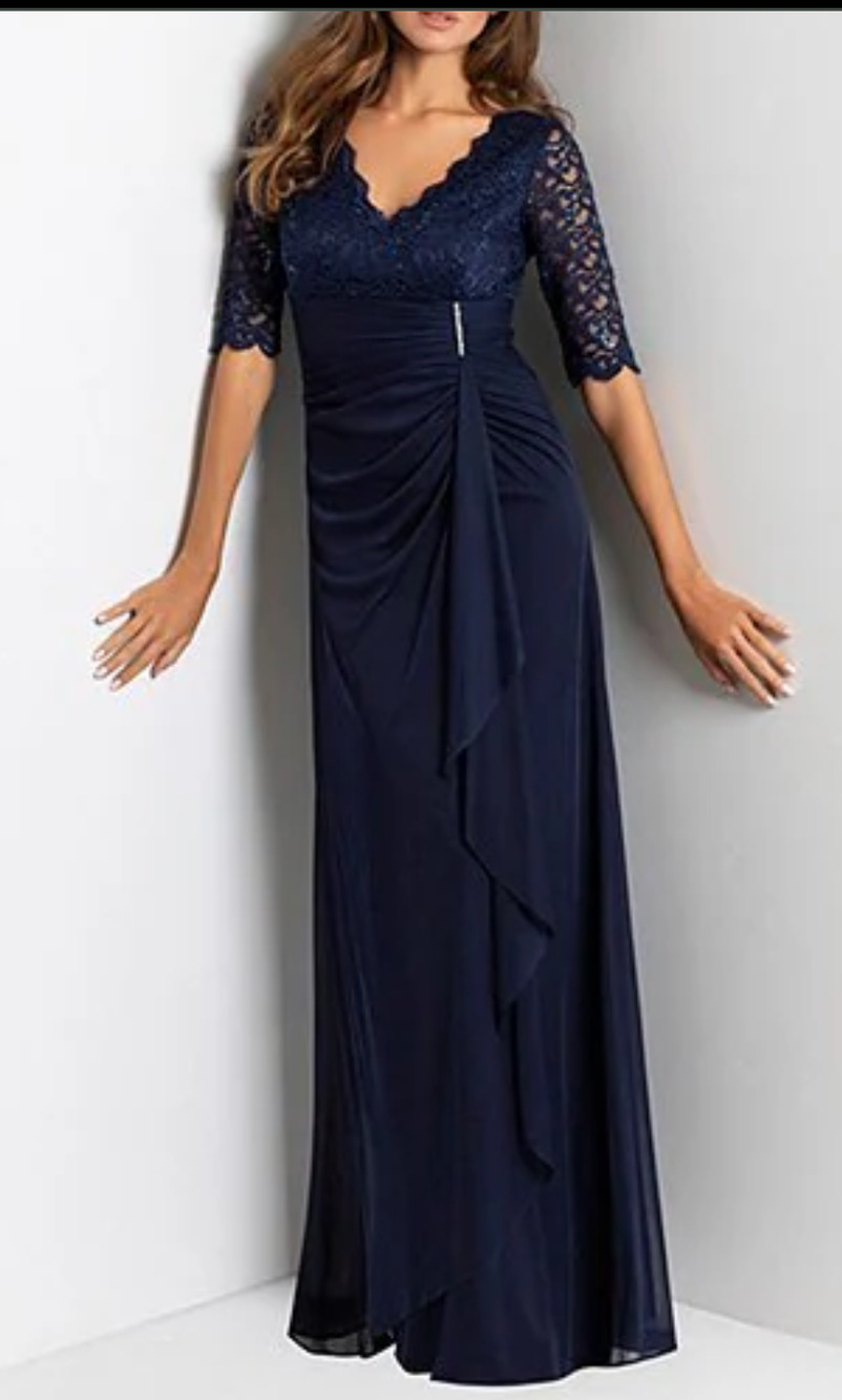 New Betsey and Adam navy blue sequin lace draped chiffon gown Size 12 MOB Formal